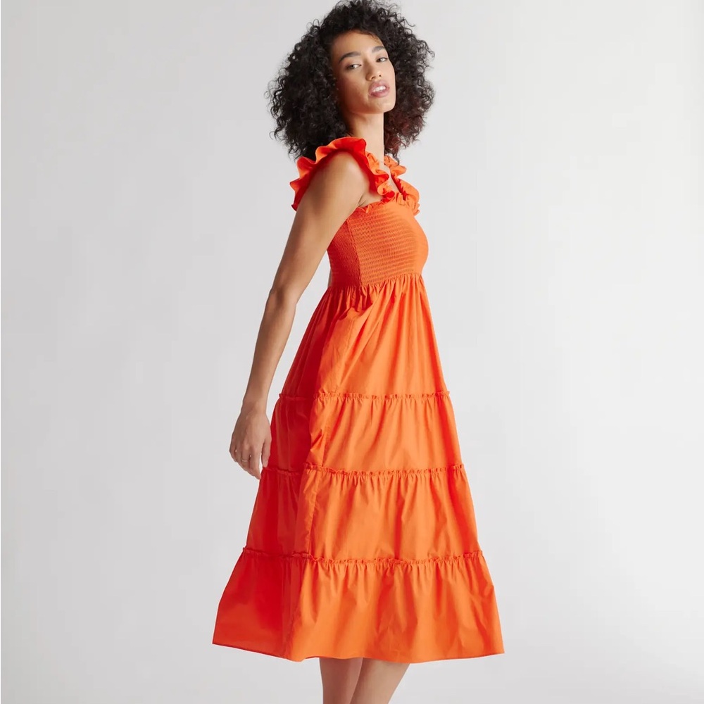 QUINCE 100% Organic Cotton Poplin Smocked Midi Dress- vermillion red